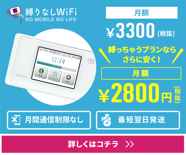 契約期間縛りのない永年月額3,300円のポケットWi-Fi【縛りなしWiFi】のバナーデザイン